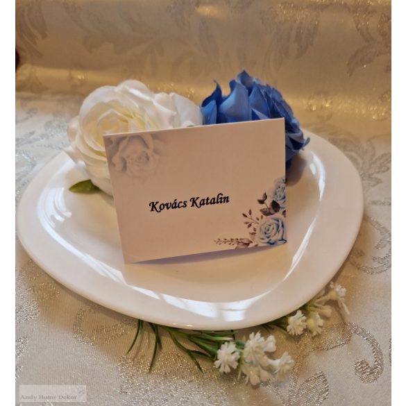 Esküvői ültetőkártya, kék rózsa mintás